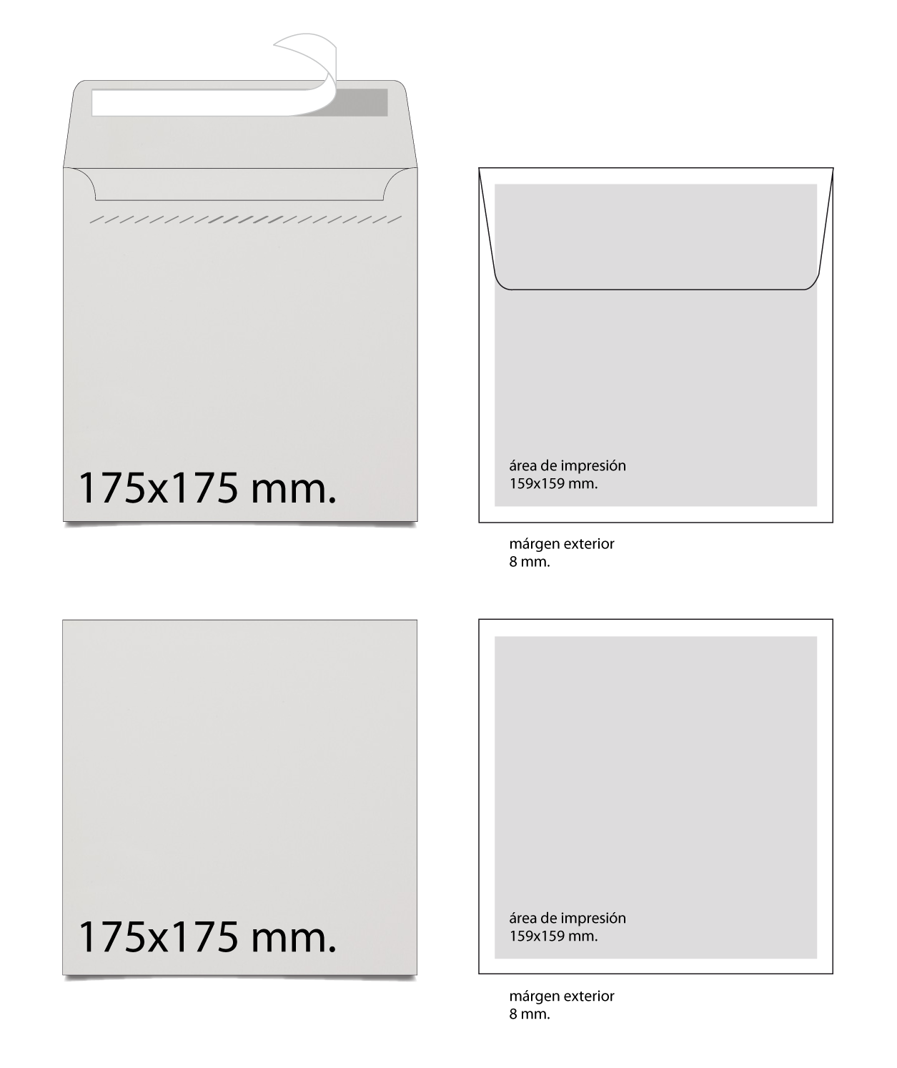 color blanco transparente cuadrados, 146 x 146 mm, cierre mediante solapa color transparente y blanco 75 Stück Karten und Co - Sobres 